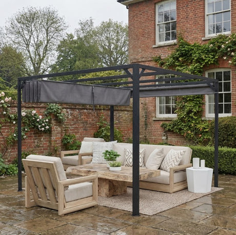 3m x 3m Aluminium Pergola – Dark Grey Retractable Roof with Side Wall, Outdoor Patio Shade Shelter