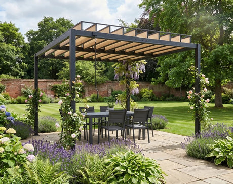 3x3m Aluminium Louvered Pergola with Polycarbonate Roof, Adjustable Panels & Drainage System – Coffee Garden Patio Gazebo