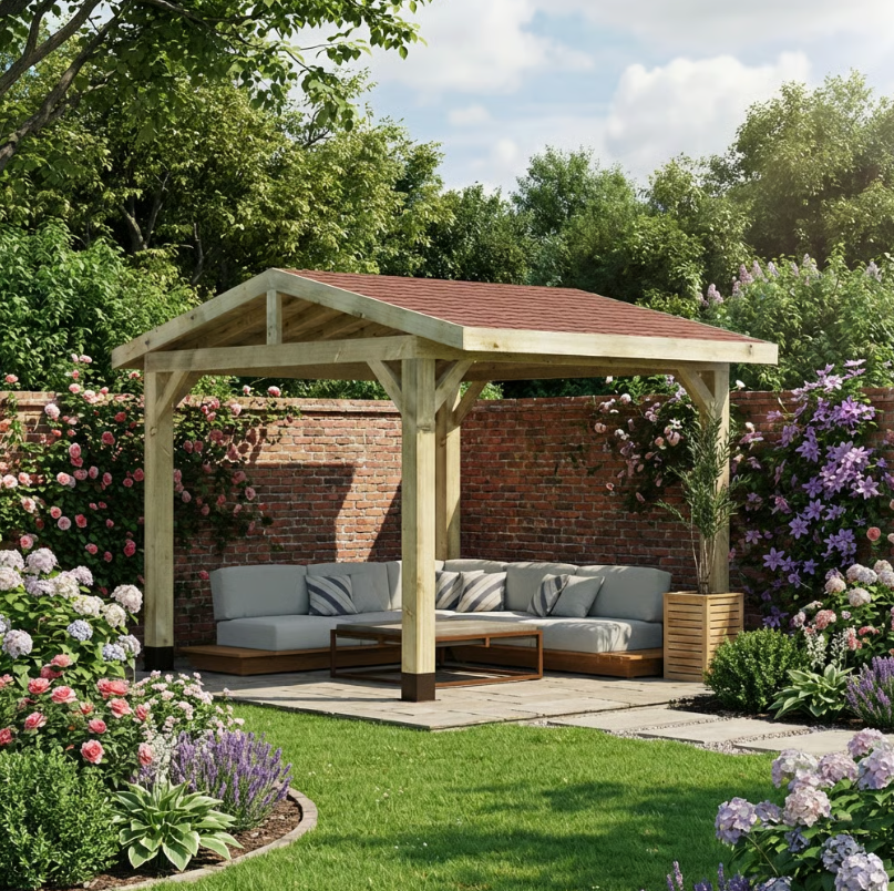 Wooden Apex Gazebo with Katepal Red Shingle Roof - Classic Garden Gazebo (No Overhang)