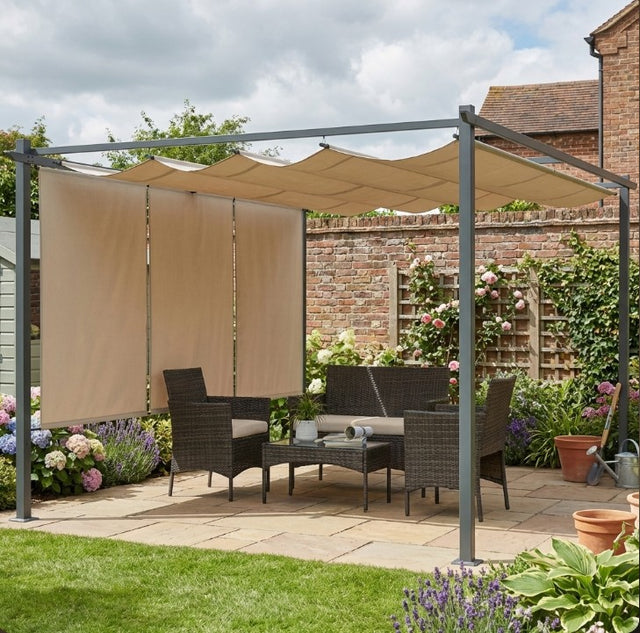 3m x 4m Metal Pergola with Retractable Roof & Roller Shade – UPF30+ Free-Standing Garden Gazebo Canopy, Outdoor Sun Shelter in Beige