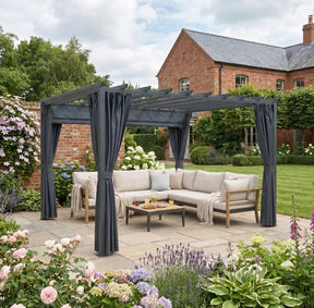 3.6x3m Aluminium Garden Pergola Gazebo with Retractable Roof Canopy & Curtains – Modern Outdoor Sun Shade Shelter, Weather-Resistant Patio Cover, Dark Grey