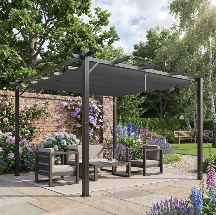 3m x 3m Aluminium Gazebo – Grey Retractable Canopy Roof, Outdoor Patio Shade Shelter