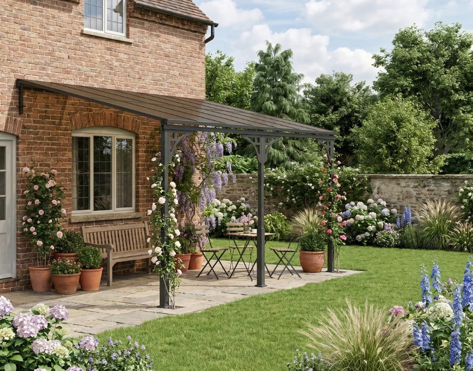 4m x 3m Wall-Mounted Lean-To Metal Pergola with Polycarbonate Hardtop Roof – Heavy Duty Aluminium Garden Gazebo, Weatherproof Patio & BBQ Shelter, Modern Brown