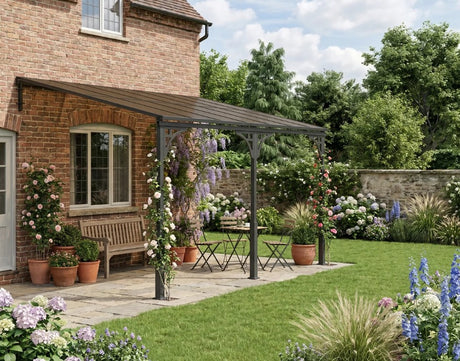 4m x 3m Wall-Mounted Lean-To Metal Pergola with Polycarbonate Hardtop Roof – Heavy Duty Aluminium Garden Gazebo, Weatherproof Patio & BBQ Shelter, Modern Brown