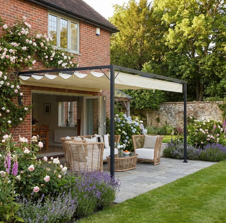 4m x 3m Metal Pergola with Retractable Sliding Canopy – Cream Garden Shade Gazebo for Patio & Deck