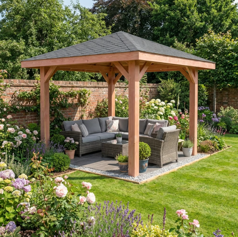 Planed Larch 4-Pitch Gazebo with Katepal Grey Shingle Roof
