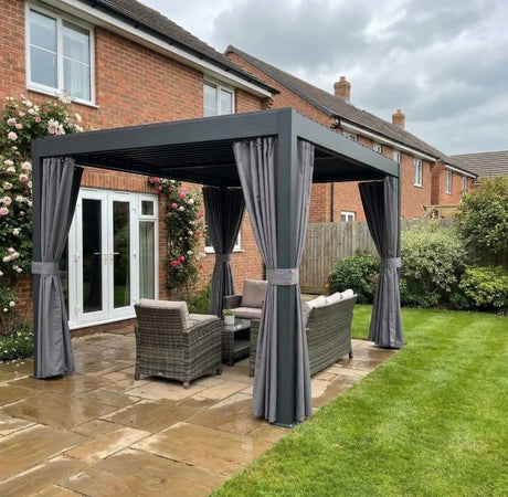 3m x 3m Louvered Pergola with Adjustable Metal Roof – Aluminium Patio Gazebo with Curtains & Netting, Modern Outdoor Garden Shelter in Dark Grey
