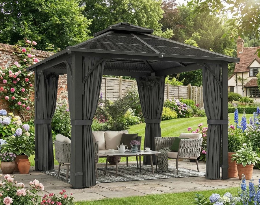 2.5m x 2.5m Hardtop Gazebo with 7mm Polycarbonate Roof – Permanent Garden Pavilion with Curtains & Mosquito Netting, Weatherproof Outdoor Canopy in Dark Grey