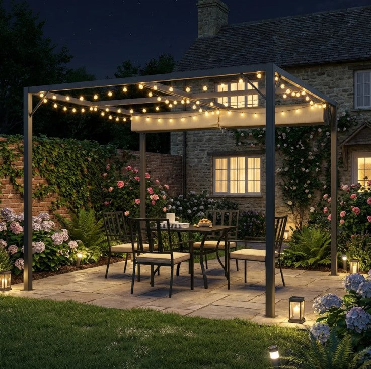 3m x 2.8m Metal Pergola – Grey Fabric Retractable Roof, Outdoor Patio Garden Shade Shelter