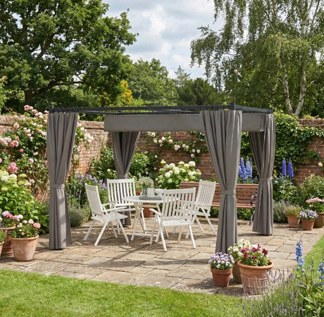 3m x 3m Pergola Canopy with Grey Curtains – Includes 8 Expansion Screws, Outdoor Patio Shade Shelter