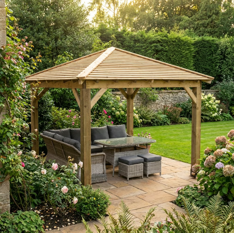 Wooden 4 Pitch Gazebo with Cedar Featheredge Roof – Classic Garden Shelter