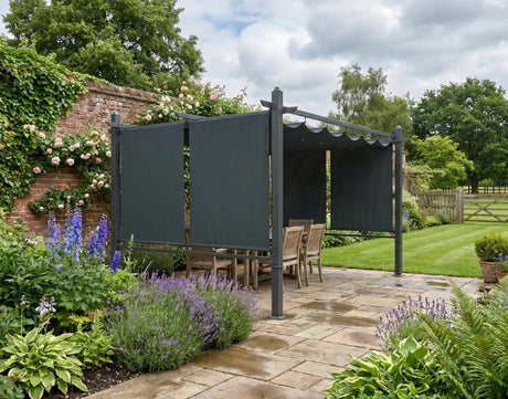 4m x 3m Garden Pergola with Retractable Roof Canopy & Roll-Up Side Panels – Modern Outdoor Gazebo Shelter, Adjustable Sun Shade Patio Cover, Dark Grey