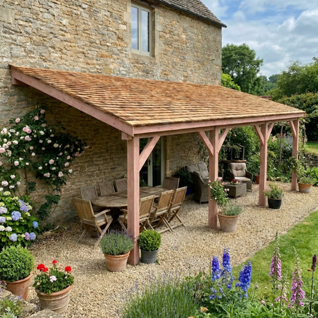 Planed Larch Lean-To Gazebo with Cedar Shingle Roof
