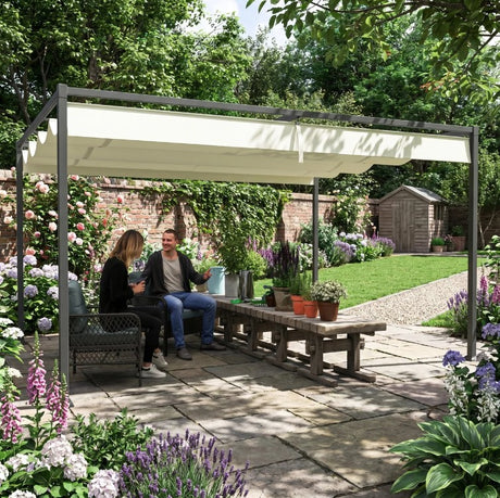 4m x 3m Metal Garden Pergola with Retractable Roof Canopy – Outdoor Gazebo Shelter for Patio & Garden, Adjustable Sun Shade, Cream White