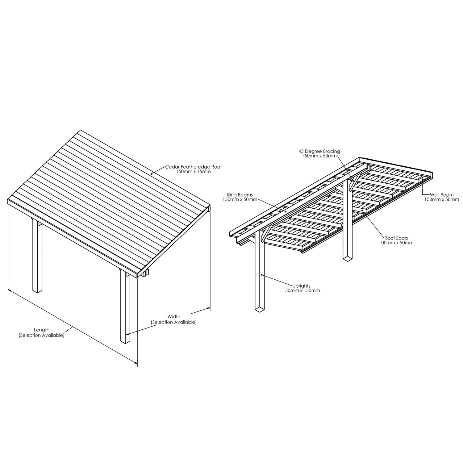 Wooden Lean-To Gazebo with Treated Featheredge Roof - Pressure-Treated Garden Structure
