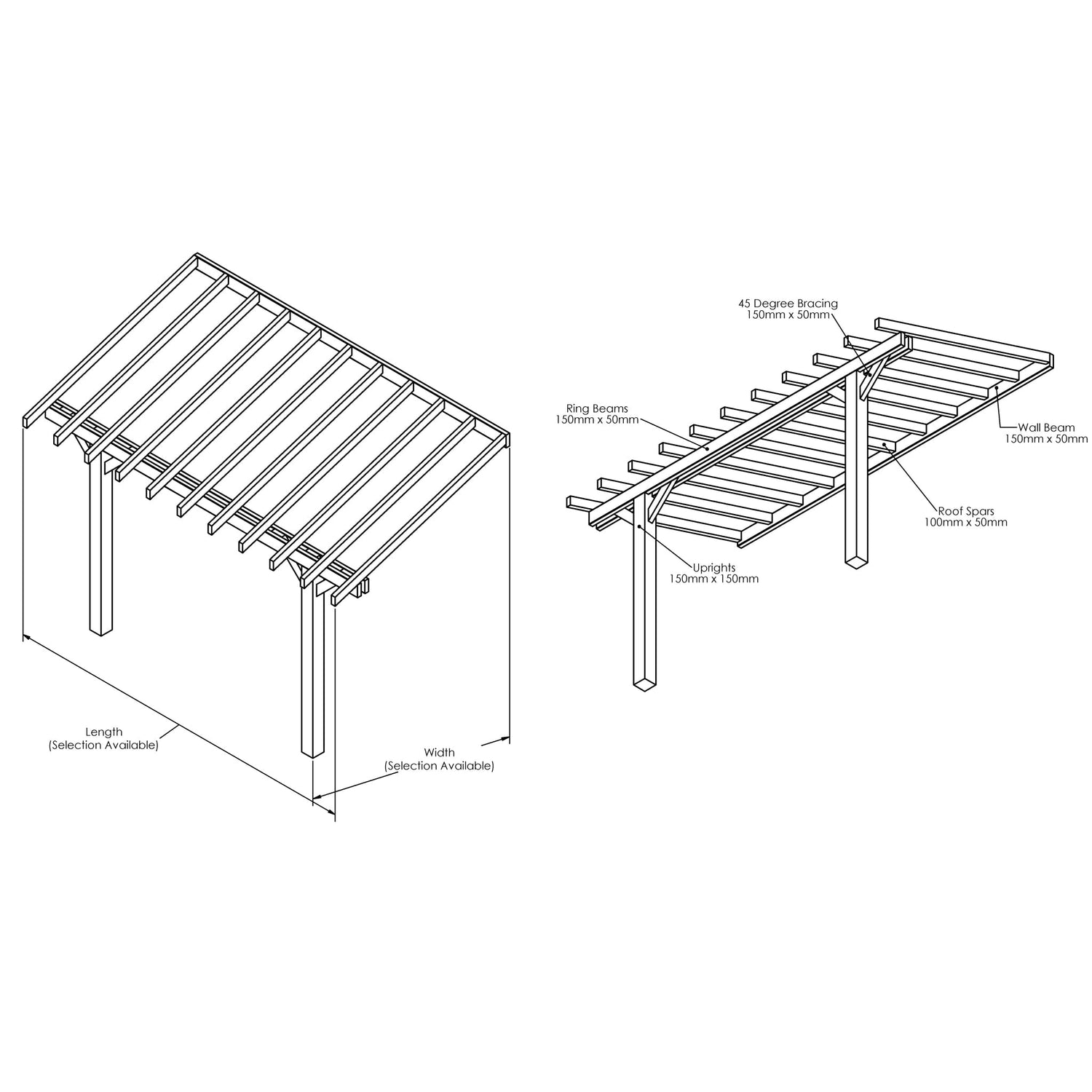 Planed Larch Lean-To Pergola with Open Roof – Space-Saving Garden Structure