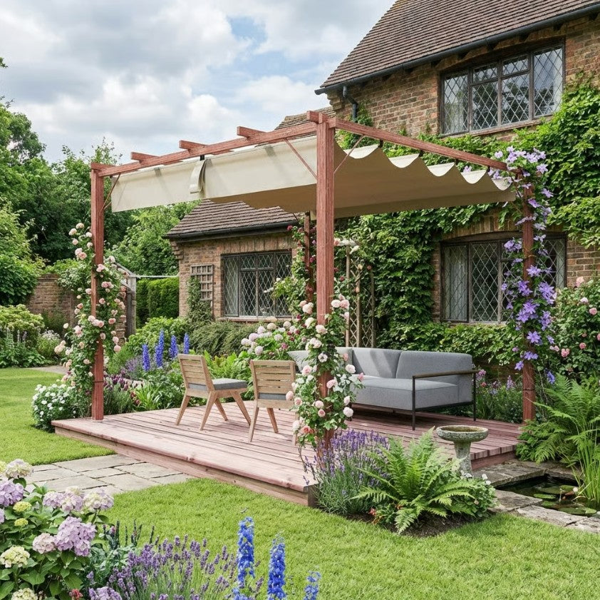 3m x 3m Aluminium Pergola – Retractable Canopy Roof, Wood Effect