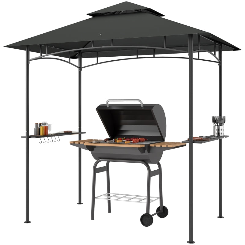 8' x 5' Dark Grey Double Tiered BBQ Grill Gazebo Canopy with LED Lights, 2 Side Shelves and Hooks