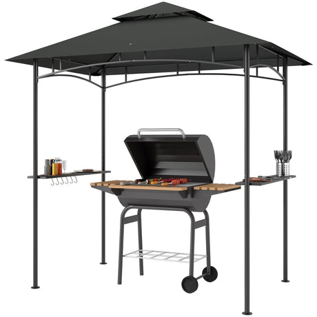 8' x 5' Dark Grey Double Tiered BBQ Grill Gazebo Canopy with LED Lights, 2 Side Shelves and Hooks