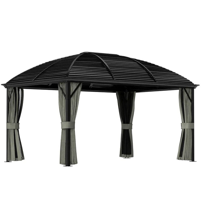3m x 4m Hardtop Gazebo Canopy - Dark Grey Aluminium Pavilion with Metal Roof, Netting & Curtains