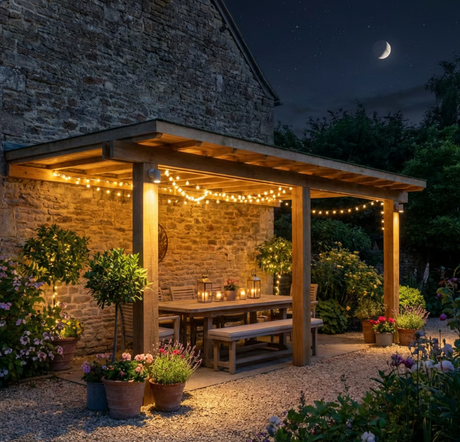 Oak Lean-To Pergola with Katepal Green Shingle Roof