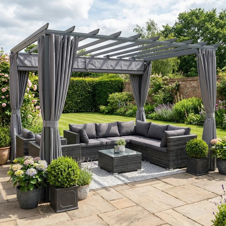 3.6m x 3m Aluminium Pergola – Retractable Roof & Curtains