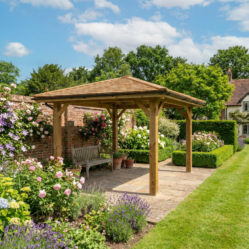 Wooden 4 Pitch Gazebo with Cedar Shingle Roof – Classic Garden Shelter