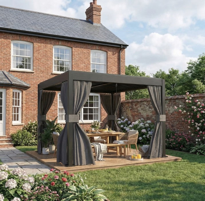 3m x 3m Louvered Pergola with Adjustable Metal Roof – Aluminium Patio Gazebo with Curtains & Netting, Modern Outdoor Garden Shelter in Dark Grey