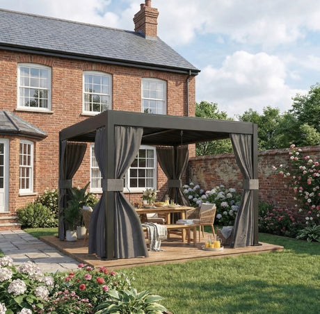 3m x 3m Louvered Pergola with Adjustable Metal Roof – Aluminium Patio Gazebo with Curtains & Netting, Modern Outdoor Garden Shelter in Dark Grey