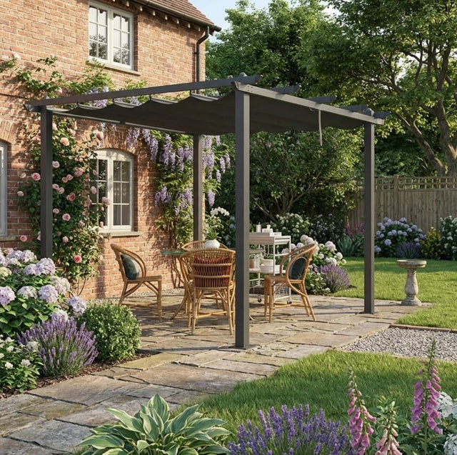 3m x 3m Aluminium Pergola – Dark Grey Retractable PU Canopy Roof with Drainage Grommets, Outdoor Patio Shade Shelter