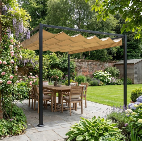 4m x 3m Metal Garden Pergola – Khaki Outdoor Shade Canopy