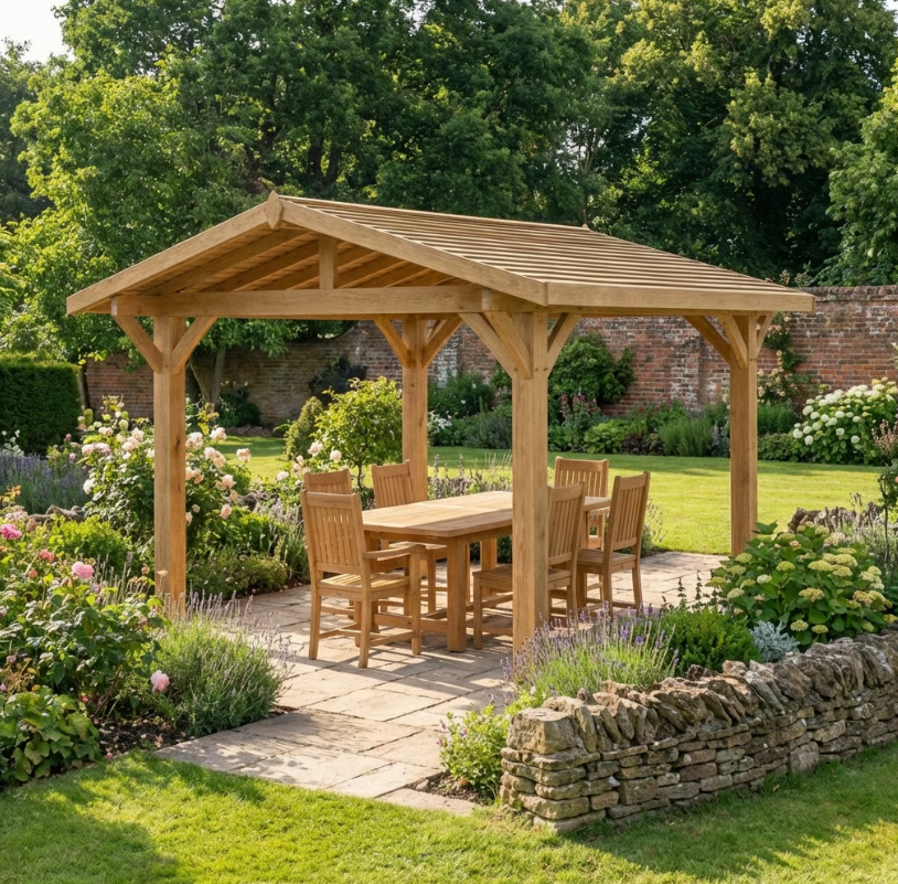 Oak Apex Gazebo with Treated Featheredge Roof and Overhang