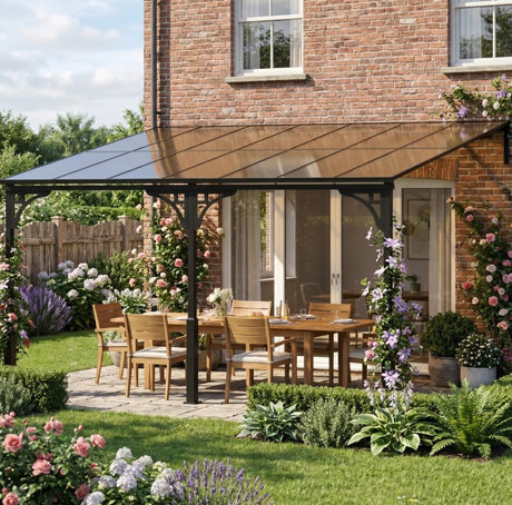 4m x 3m Wall-Mounted Lean-To Metal Pergola with Polycarbonate Hardtop Roof – Heavy Duty Aluminium Garden Gazebo, Weatherproof Patio & BBQ Shelter, Modern Brown