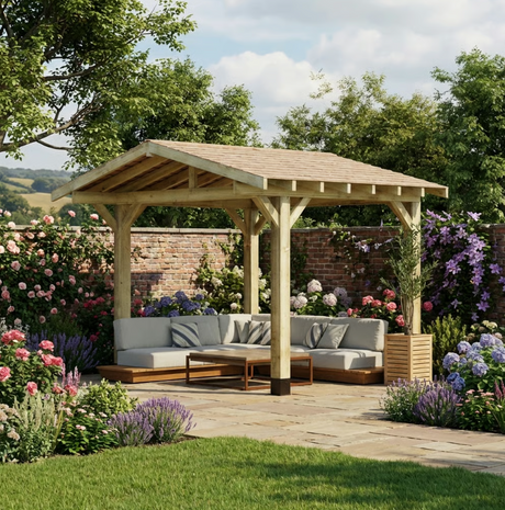 Wooden Apex Gazebo with Cedar Shingle Roof – With Overhang Design