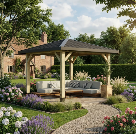 Heavy Duty Wooden Gazebo with Katepal Black Shingle Roof – 4 Pitch Garden Design