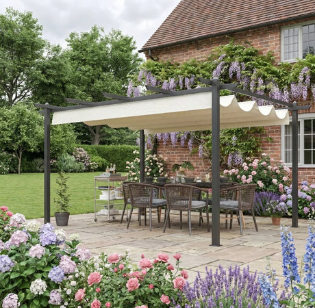 4m x 3m Metal Pergola – Dark Grey Frame with Beige Canopy Roof