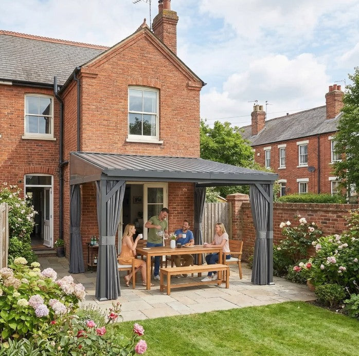 4.3m x 3m Lean-To Pergola with Galvanised Steel Roof – Wall-Mounted Garden Gazebo with Netting & Curtains, Heavy-Duty Outdoor Canopy in Dark Grey