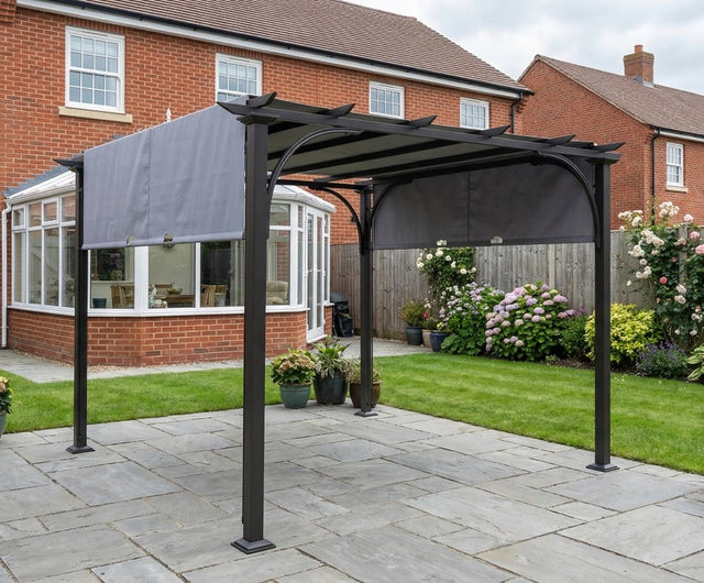 3m x 3m Metal Pergola With Side Panels and Adjustable Roof – Grey Frame Garden Shade Shelter