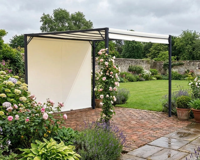 3m x 3m Metal Pergola – Cream Frame with Beige Canopy Roof