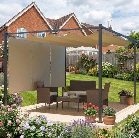 3m x 4m Metal Pergola with Retractable Roof & Roller Shade – UPF30+ Free-Standing Garden Gazebo Canopy, Outdoor Sun Shelter in Beige