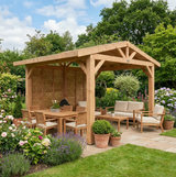 Planed Larch Apex Pergola with Cedar Featheredge Roof – With Overhang Design