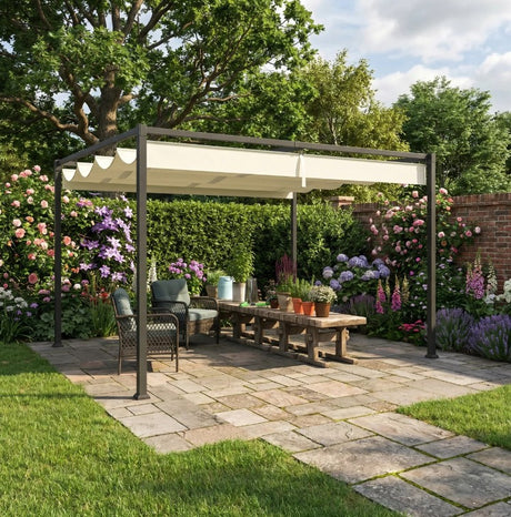4m x 3m Metal Garden Pergola with Retractable Roof Canopy – Outdoor Gazebo Shelter for Patio & Garden, Adjustable Sun Shade, Cream White