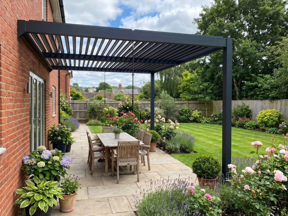 3x3m Wall Mounted Louvered Pergola with LED Lights, Aluminium Frame & Adjustable Metal Roof – Dark Grey Patio Gazebo