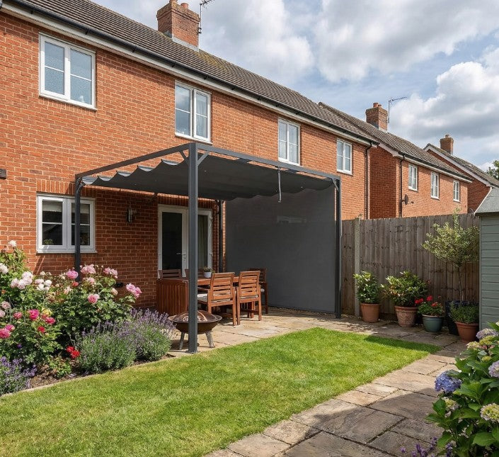 3m x 3m Aluminium Pergola – Dark Grey Retractable Roof with Side Wall, Outdoor Patio Shade Shelter