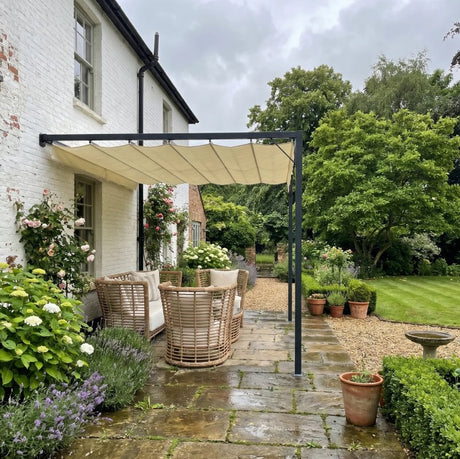 4m x 3m Metal Pergola with Retractable Sliding Canopy – Cream Garden Shade Gazebo for Patio & Deck