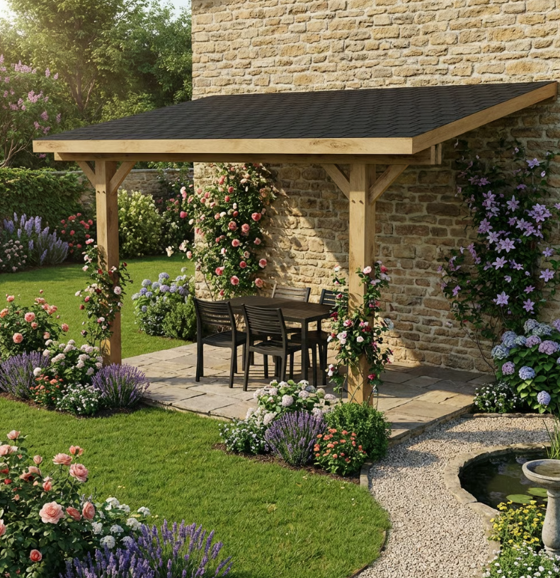 Oak Lean-To Gazebo with Katepal Black Shingle Roof