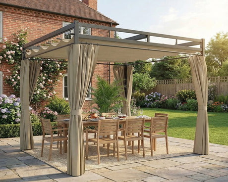 3m x 3m Beige Metal Pergola with Retractable Roof Canopy – UPF30+ Metal Garden Gazebo with Curtains, Outdoor Sun Shade Shelter in Khaki