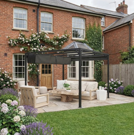 3m x 3m Aluminium Pergola – Dark Grey Retractable Roof with Side Wall, Outdoor Patio Shade Shelter