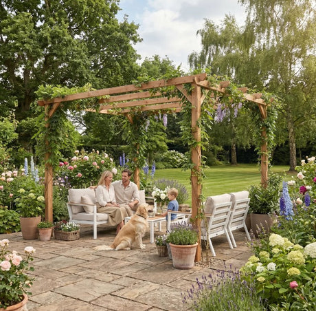 3x3m Wooden Pergola Kit with Triangle Supports – Garden Gazebo Grape Trellis Frame, 5-Beam Maple Wood-Effect Design