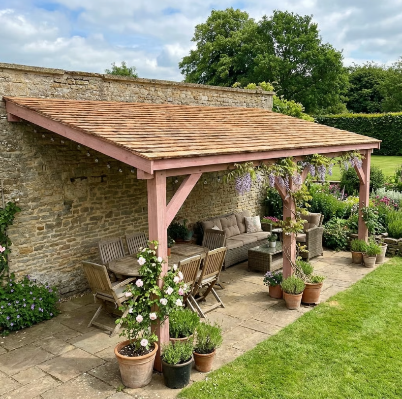 Planed Larch Lean-To Gazebo with Cedar Shingle Roof